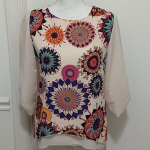 Kivenst Highfasion Womens Top Blouse Cream & Multi Color PTP 18 1/2 & 3/4 Sleeve